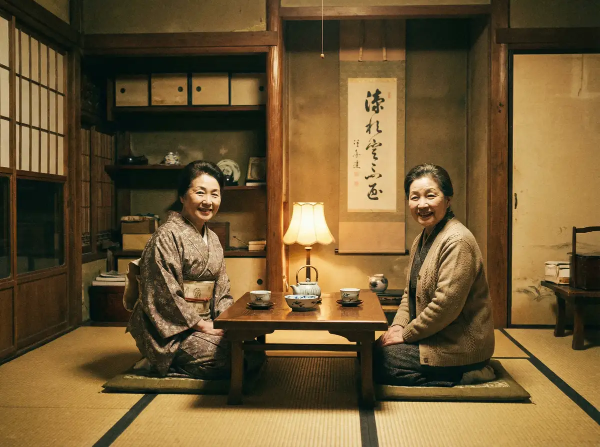 两位优雅的 午夜伦理yy44008影院 在日式茶室中品茶交谈
